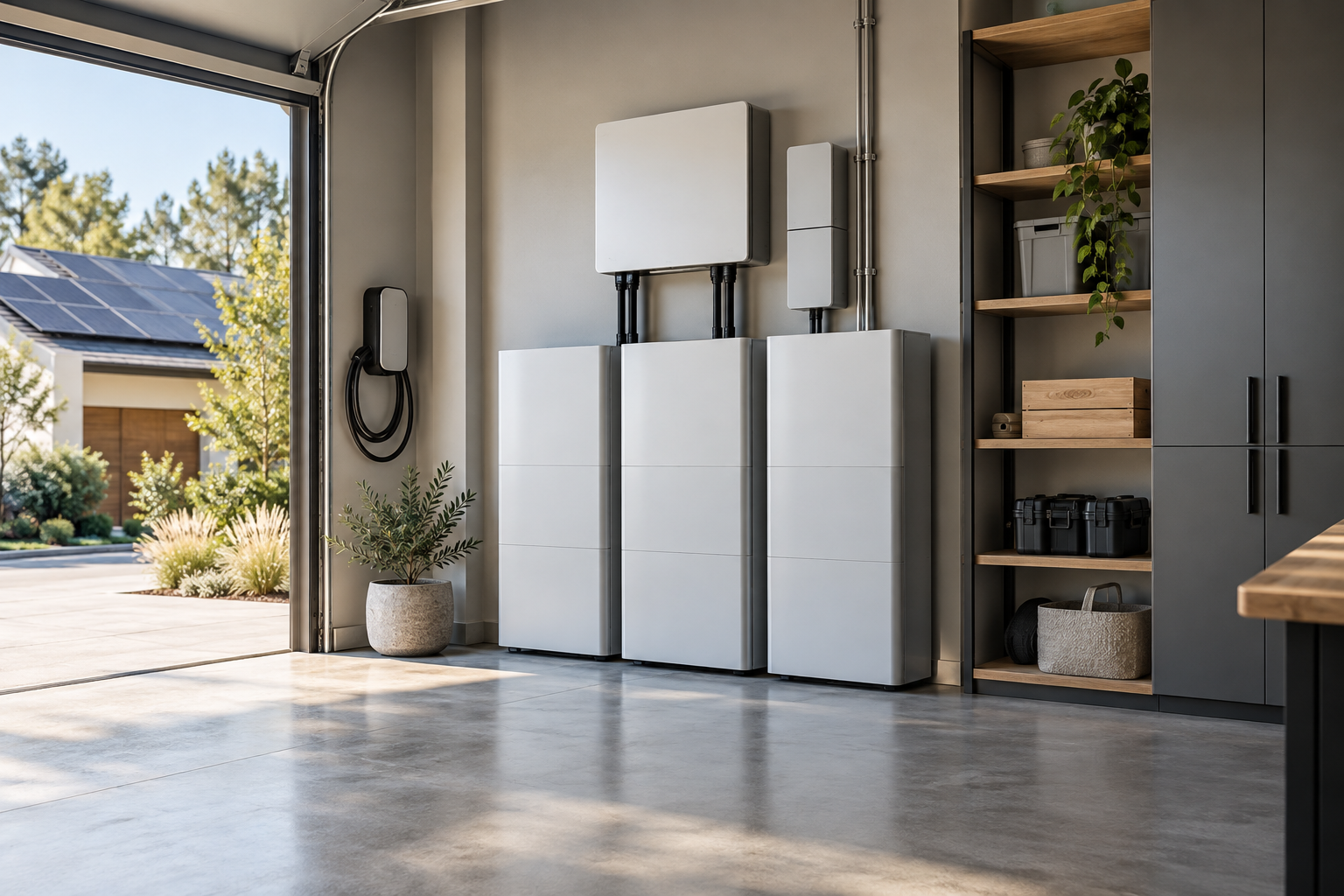 Modern residential battery backup system in an organized garage