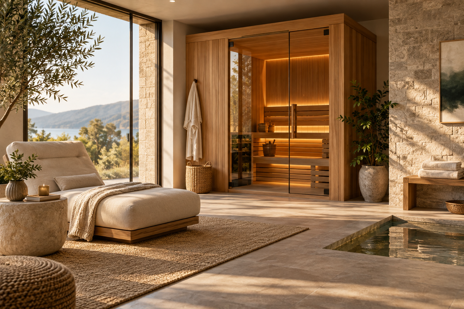 Serene premium home wellness room with a cedar sauna