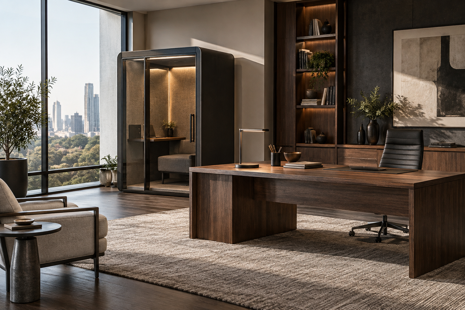Refined executive office with an acoustic privacy booth